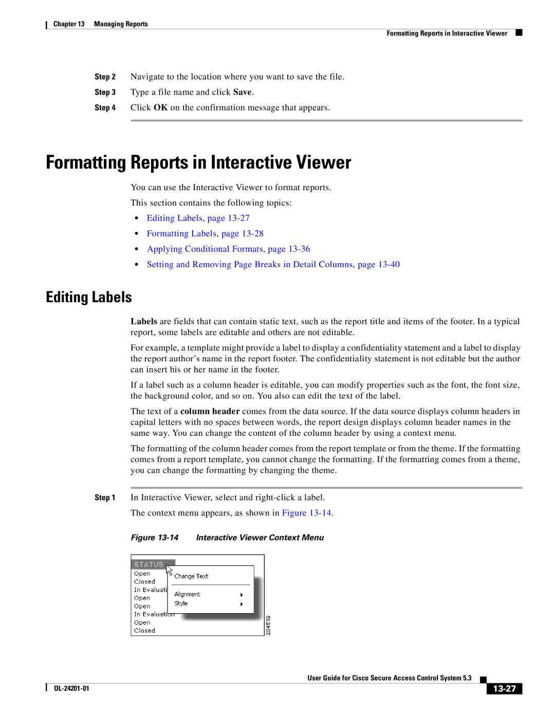 Cisco Systems OL-24201-01 manual Formatting Reports in Interactive Viewer, Editing Labels, 13-27 