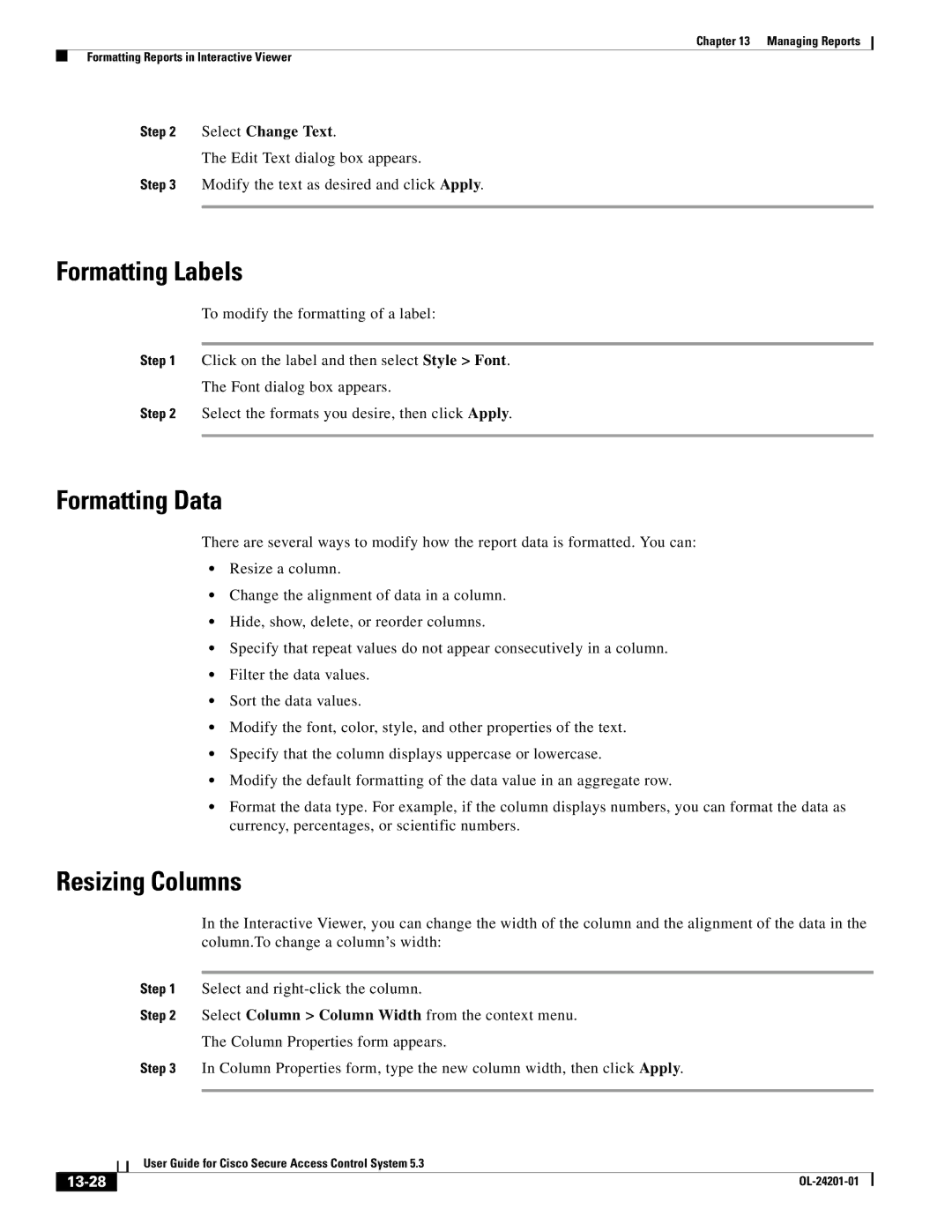 Cisco Systems OL-24201-01 manual Formatting Labels, Formatting Data, Resizing Columns, Select Change Text, 13-28 