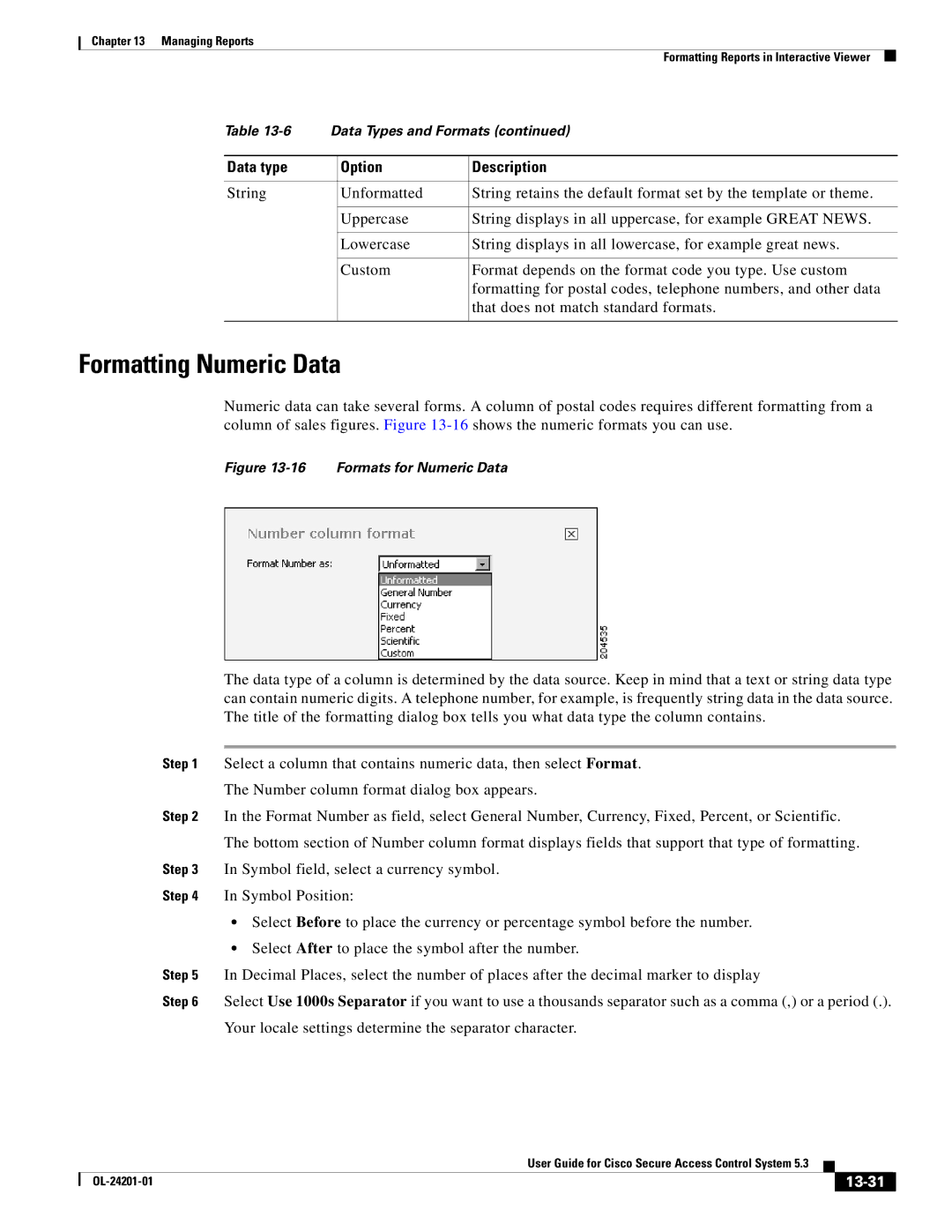 Cisco Systems OL-24201-01 manual Formatting Numeric Data, 13-31 