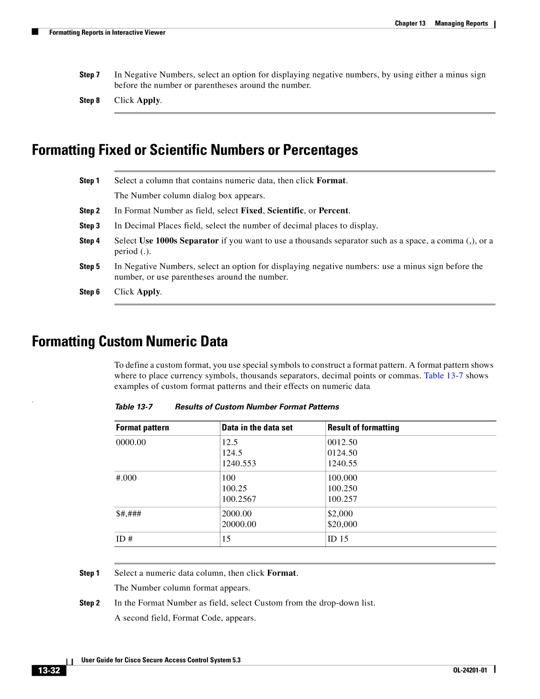 Cisco Systems OL-24201-01 Formatting Fixed or Scientific Numbers or Percentages, Formatting Custom Numeric Data, 13-32 