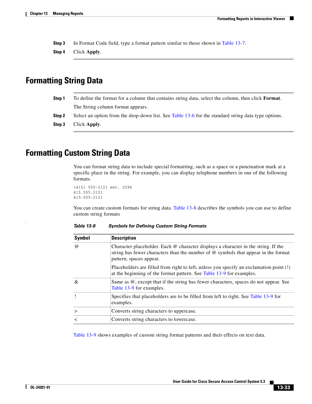 Cisco Systems OL-24201-01 manual Formatting String Data, Formatting Custom String Data, Symbol, 13-33 