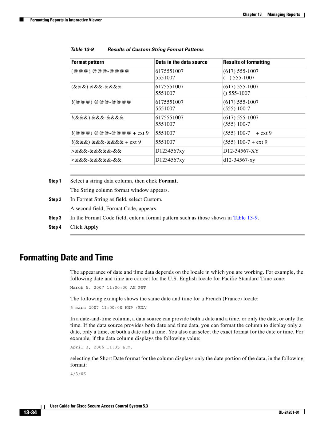 Cisco Systems OL-24201-01 manual Formatting Date and Time, Data in the data source Results of formatting, 13-34 