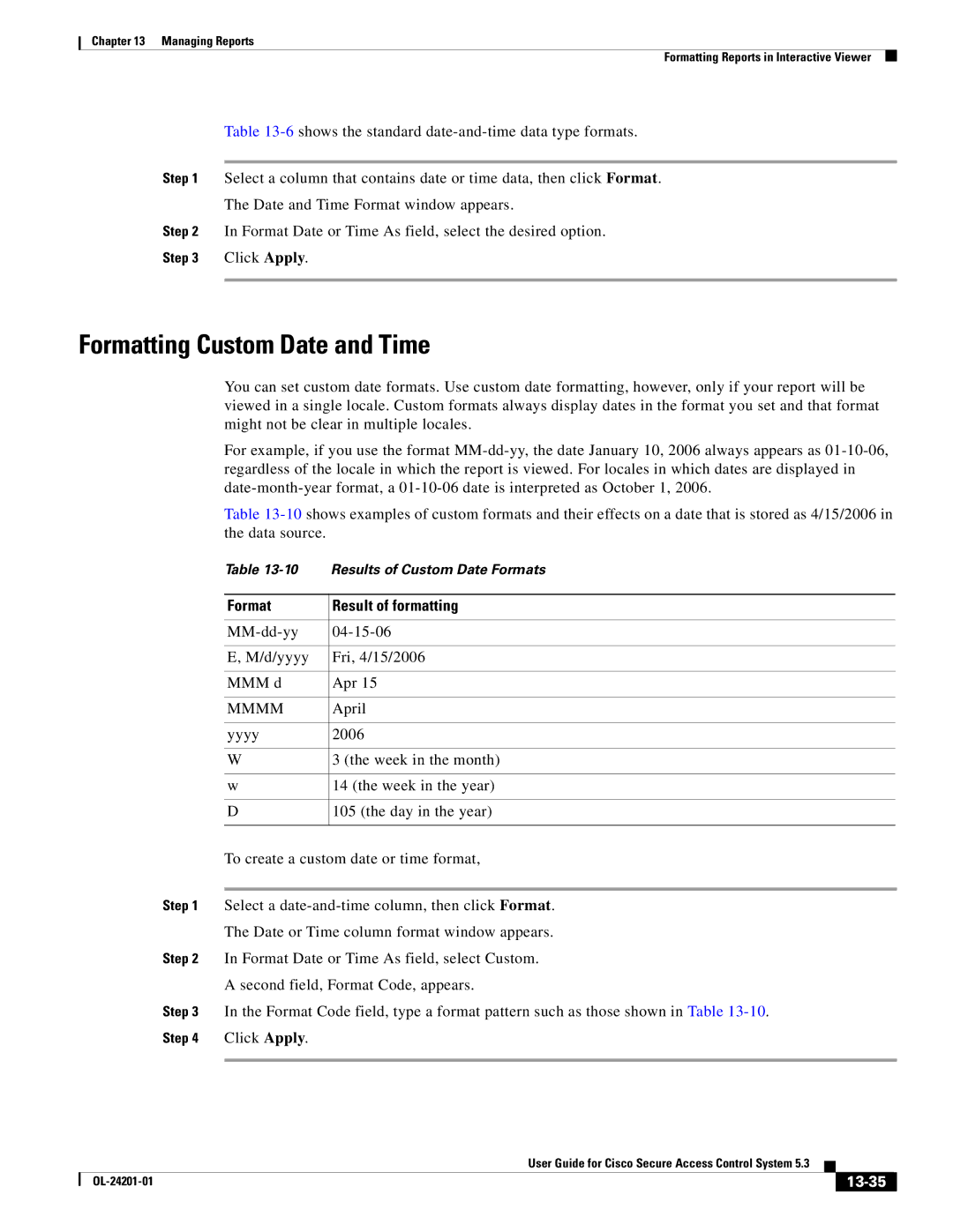 Cisco Systems OL-24201-01 manual Formatting Custom Date and Time, Format Result of formatting, Mmmm, 13-35 