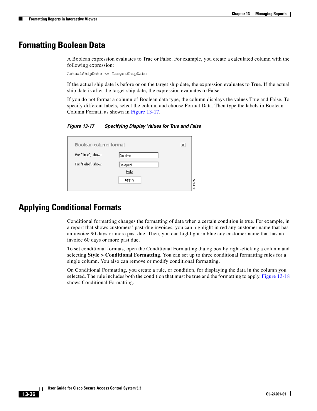 Cisco Systems OL-24201-01 manual Formatting Boolean Data, Applying Conditional Formats, 13-36 