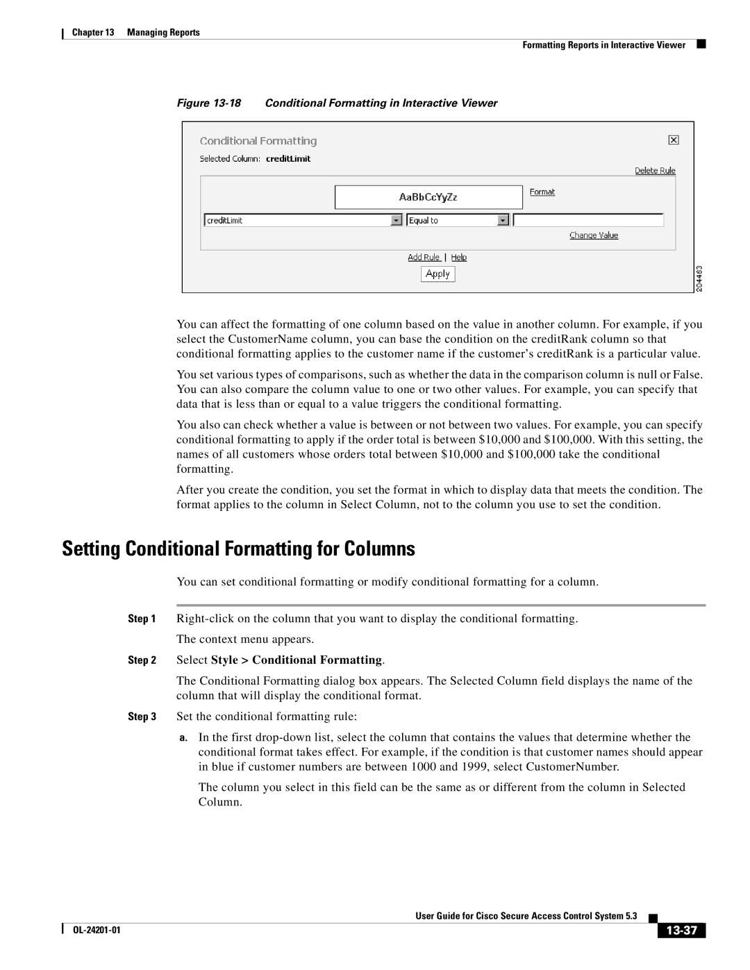 Cisco Systems OL-24201-01 manual Setting Conditional Formatting for Columns, Select Style Conditional Formatting, 13-37 