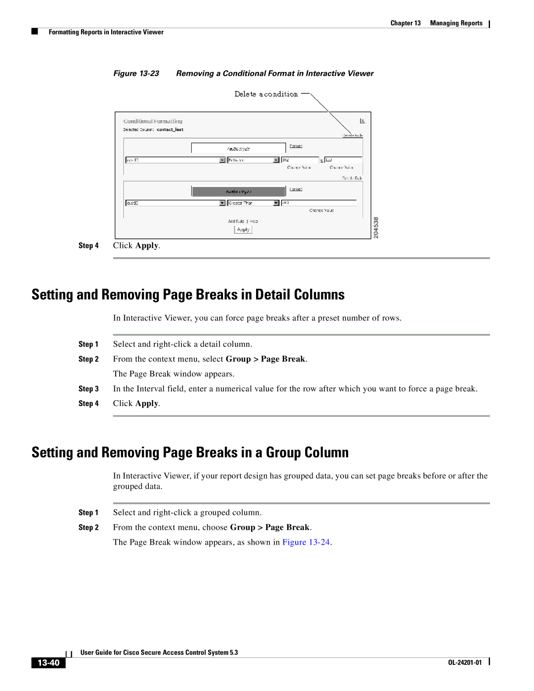 Cisco Systems OL-24201-01 manual Setting and Removing Page Breaks in Detail Columns, 13-40 