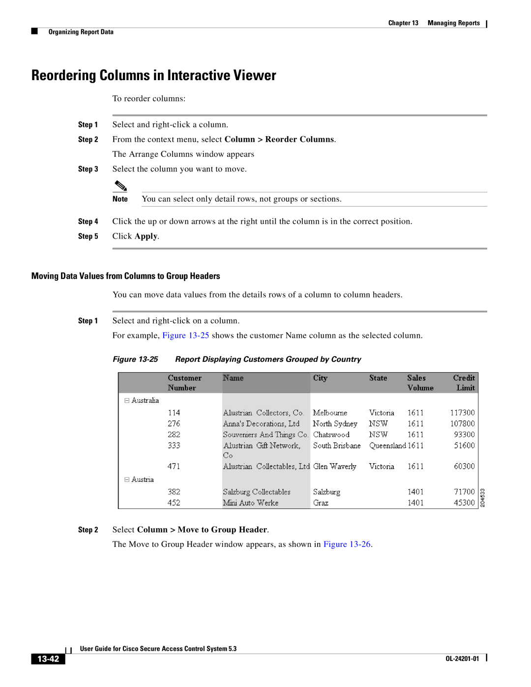 Cisco Systems OL-24201-01 manual Reordering Columns in Interactive Viewer, Select Column Move to Group Header, 13-42 