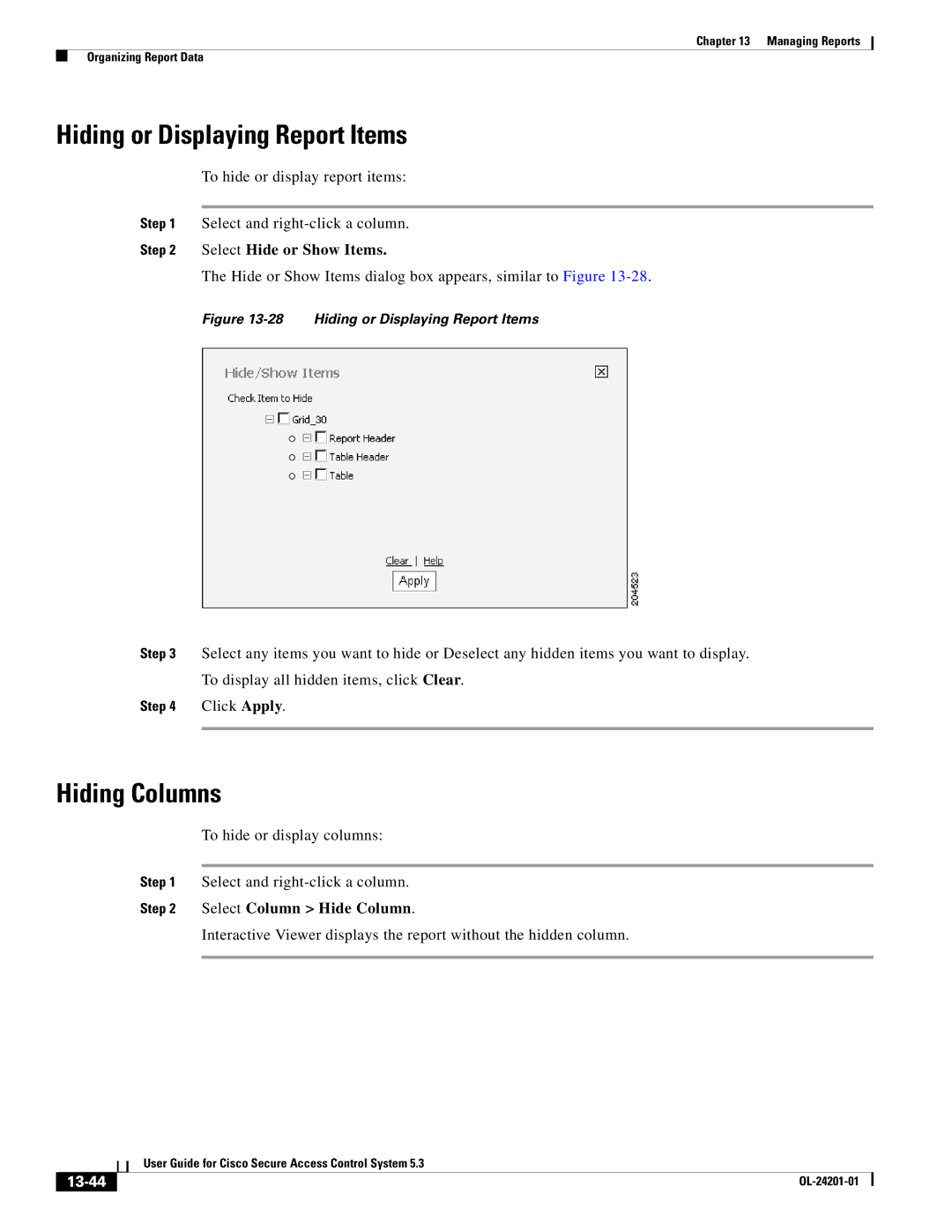 Cisco Systems OL-24201-01 manual Hiding or Displaying Report Items, Hiding Columns, Select Hide or Show Items, 13-44 