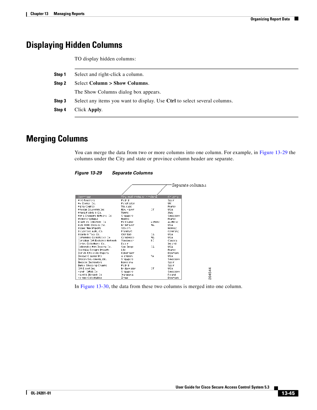 Cisco Systems OL-24201-01 manual Displaying Hidden Columns, Merging Columns, Select Column Show Columns, 13-45 