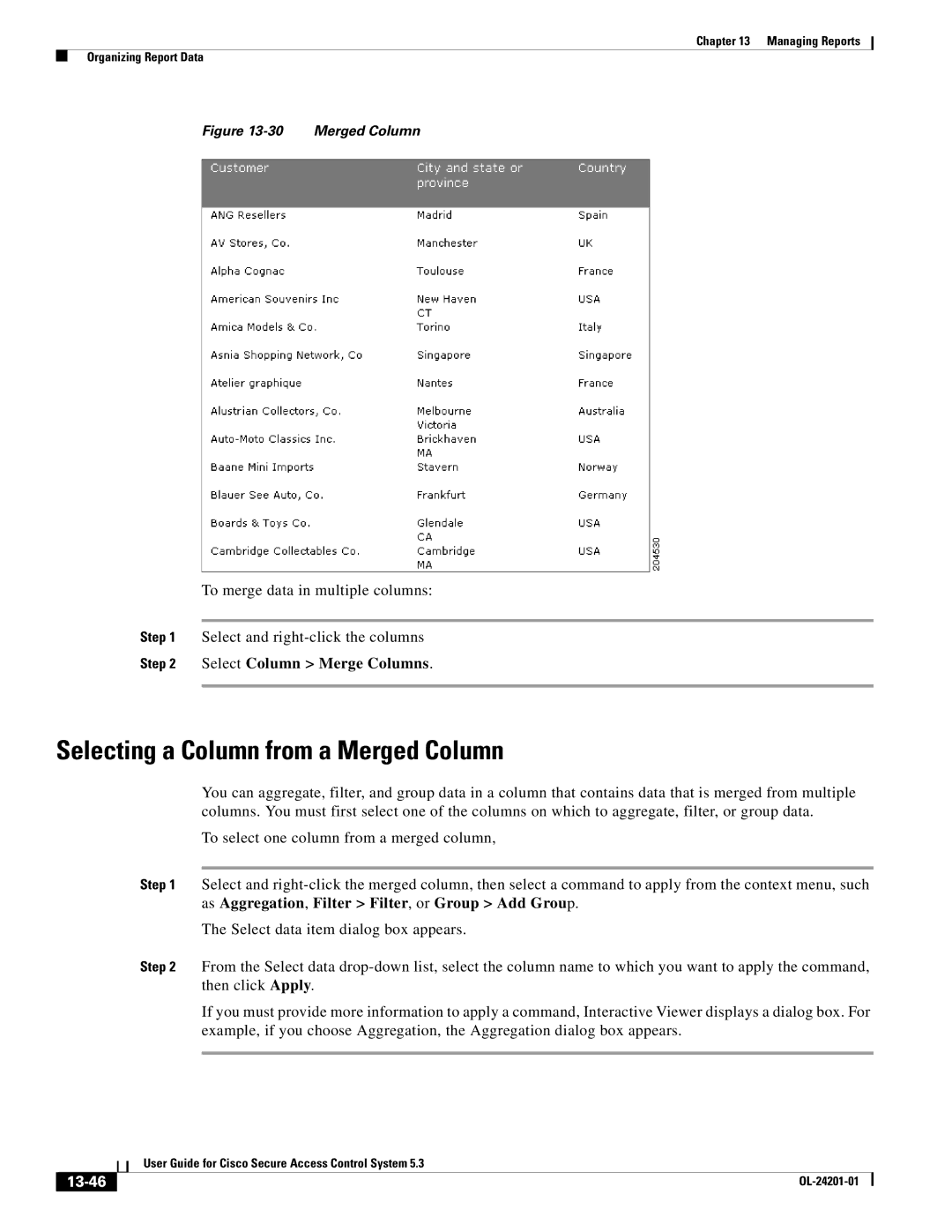 Cisco Systems OL-24201-01 manual Selecting a Column from a Merged Column, Select Column Merge Columns, 13-46 