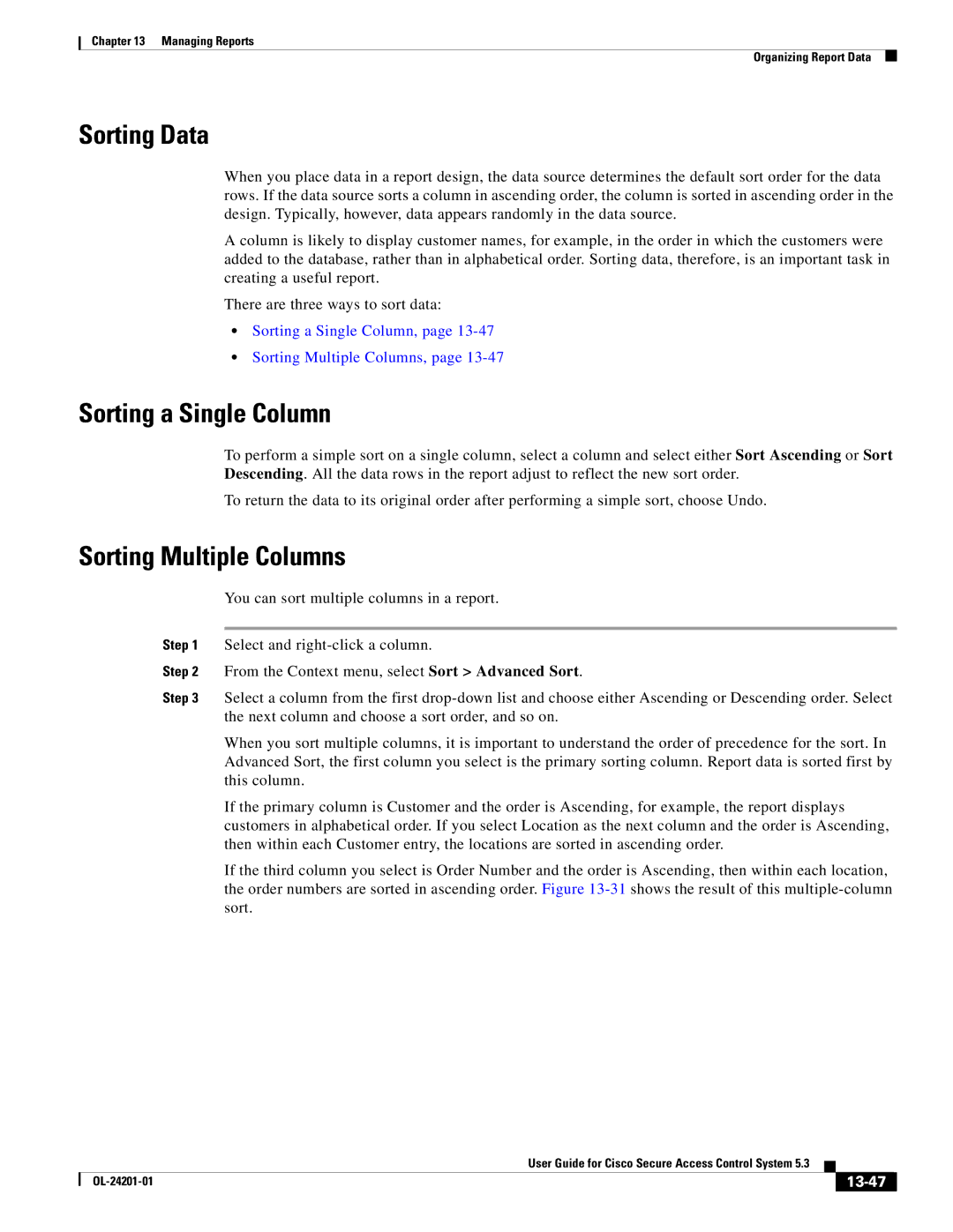 Cisco Systems OL-24201-01 manual Sorting Data, Sorting a Single Column, Sorting Multiple Columns, 13-47 