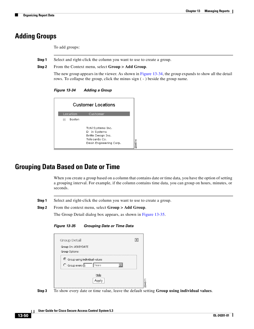 Cisco Systems OL-24201-01 manual Adding Groups, Grouping Data Based on Date or Time, 13-50 