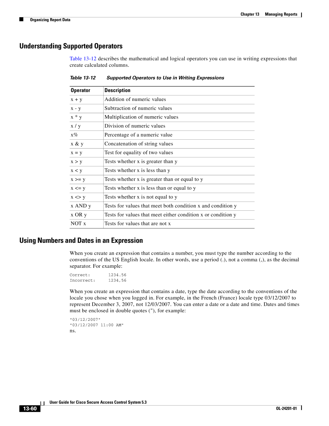 Cisco Systems OL-24201-01 manual Understanding Supported Operators, Using Numbers and Dates in an Expression, 13-60 