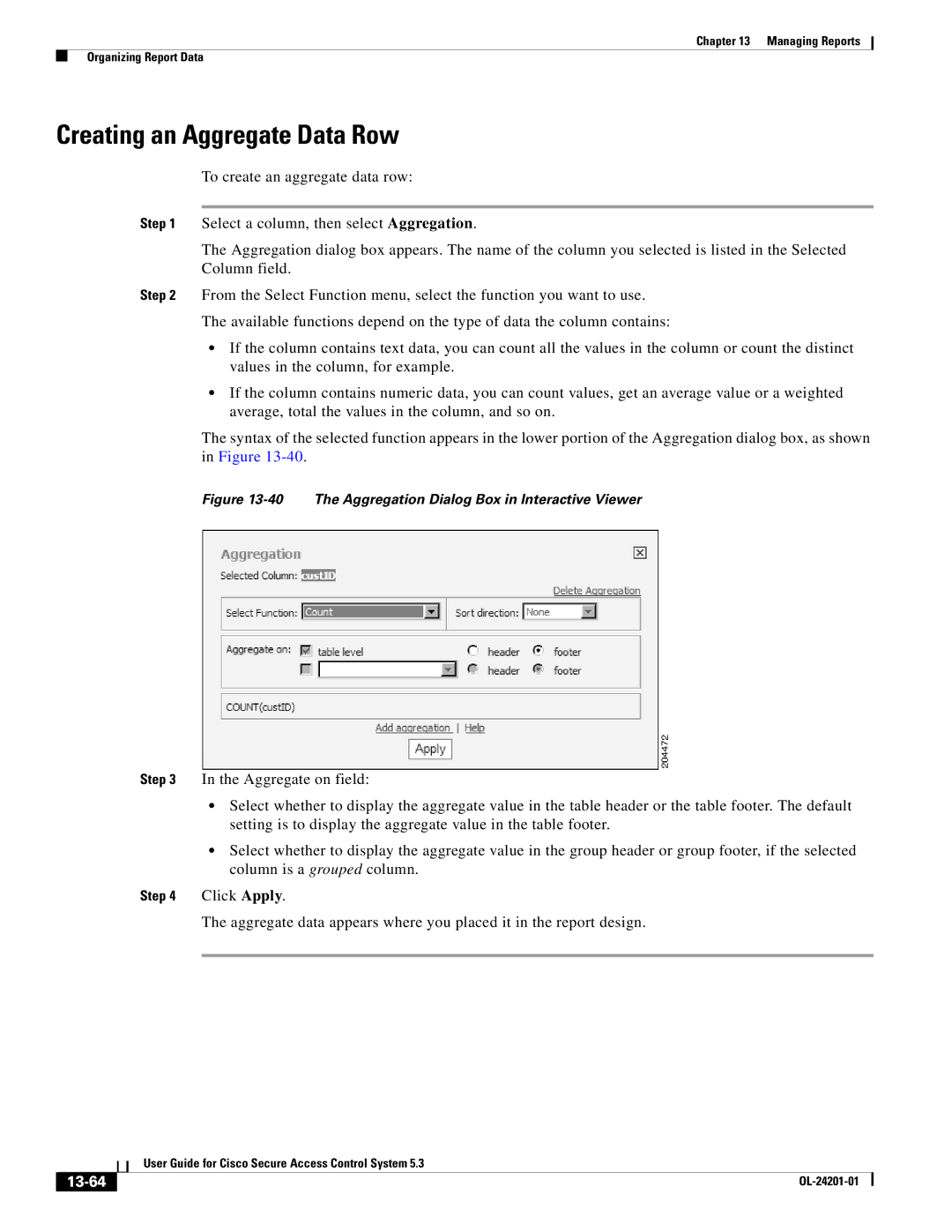 Cisco Systems OL-24201-01 manual Creating an Aggregate Data Row, 13-64 