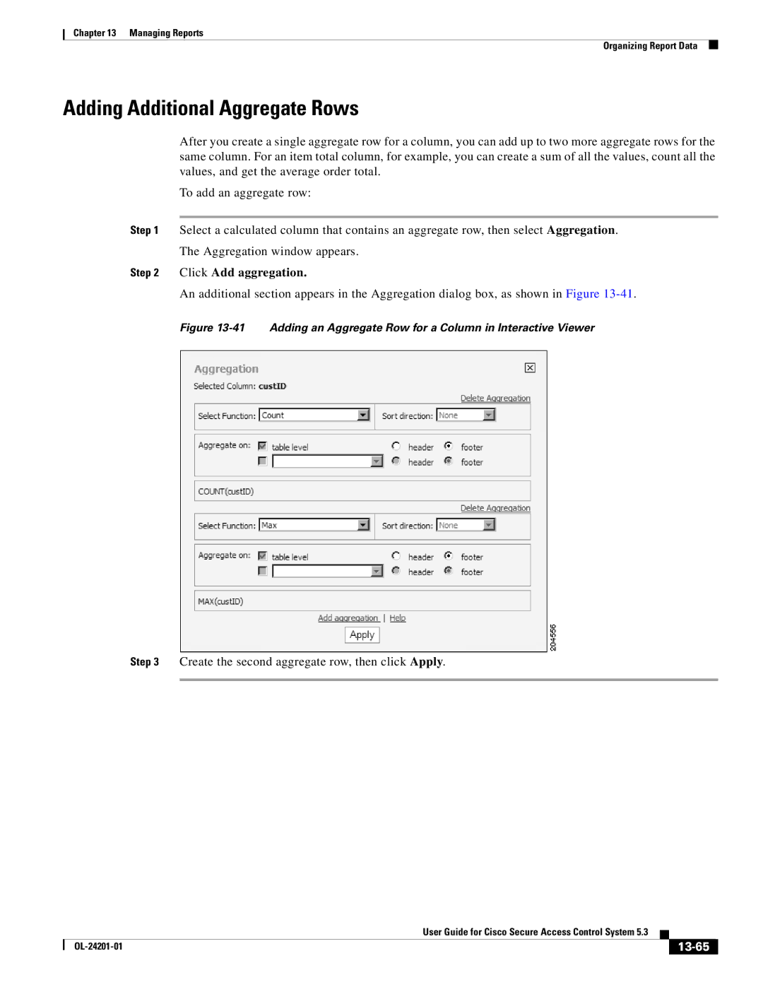 Cisco Systems OL-24201-01 manual Adding Additional Aggregate Rows, Click Add aggregation, 13-65 