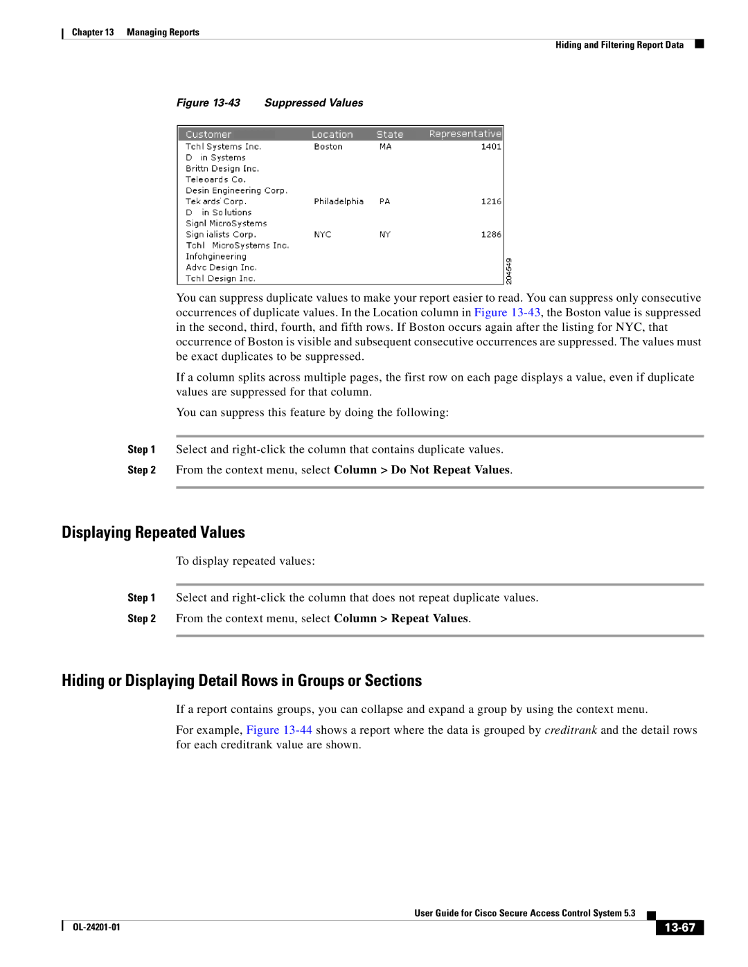 Cisco Systems OL-24201-01 manual Displaying Repeated Values, Hiding or Displaying Detail Rows in Groups or Sections, 13-67 