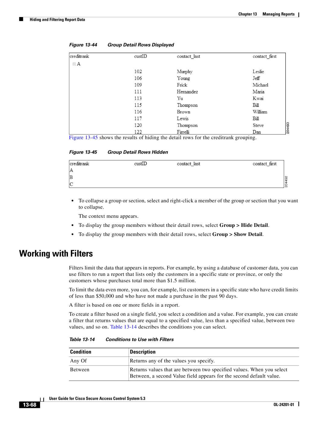 Cisco Systems OL-24201-01 manual Working with Filters, Condition Description, 13-68 