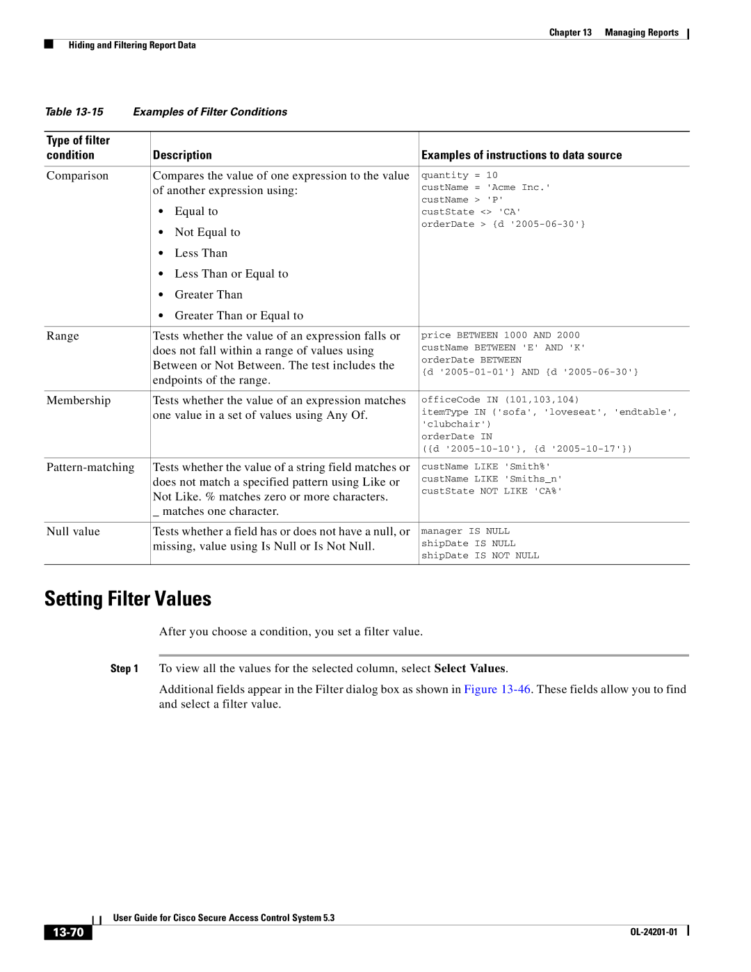 Cisco Systems OL-24201-01 manual Setting Filter Values, 13-70 