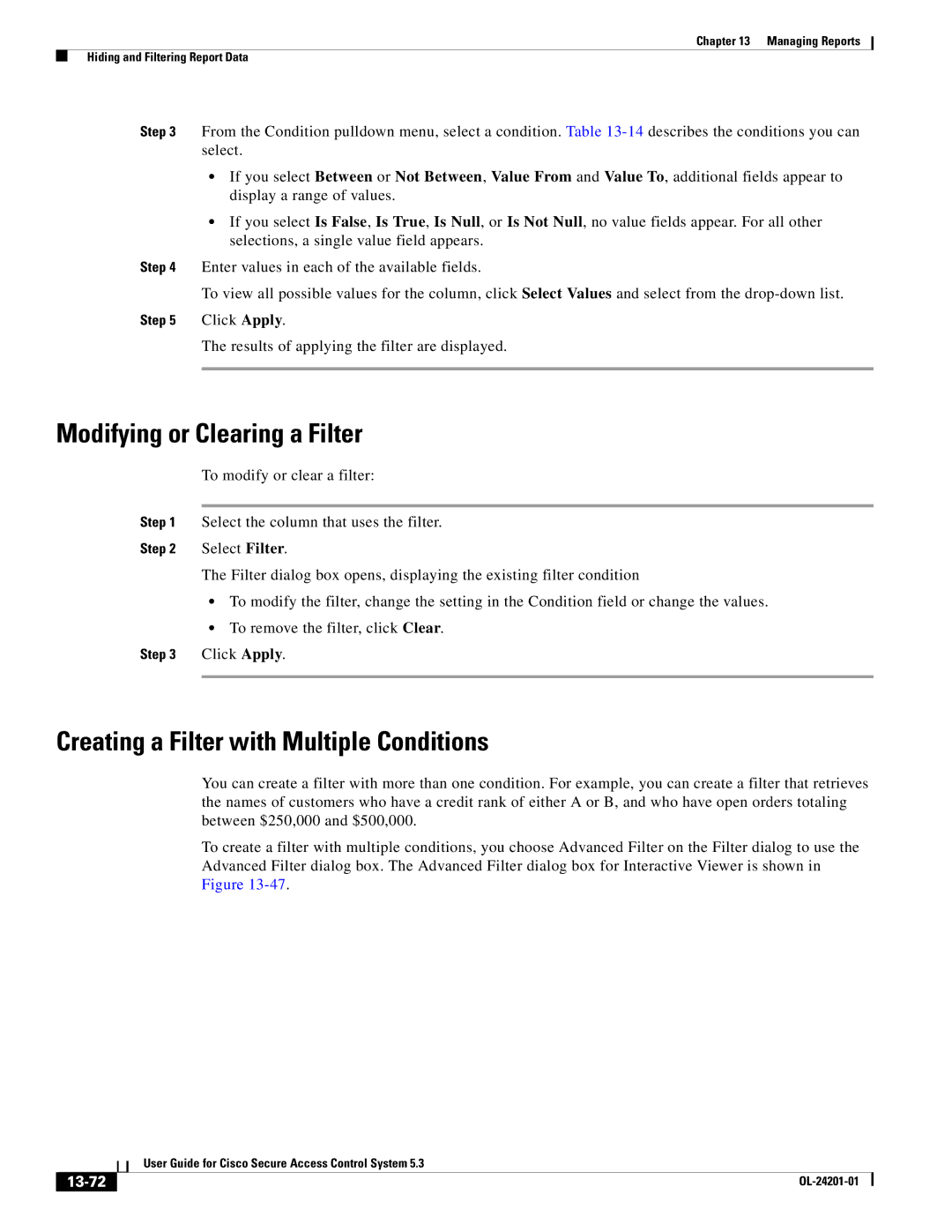 Cisco Systems OL-24201-01 manual Modifying or Clearing a Filter, Creating a Filter with Multiple Conditions, 13-72 