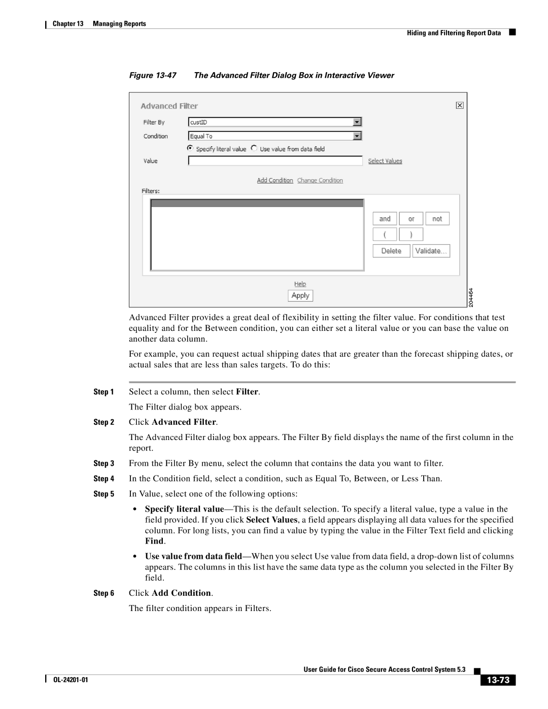 Cisco Systems OL-24201-01 manual Click Advanced Filter, Click Add Condition, 13-73 