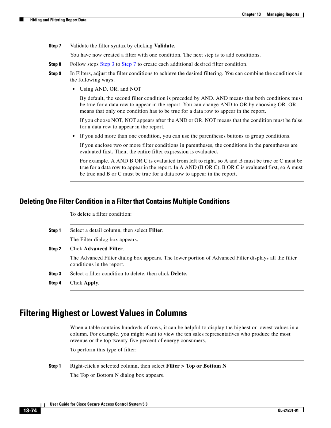 Cisco Systems OL-24201-01 manual Filtering Highest or Lowest Values in Columns, 13-74 