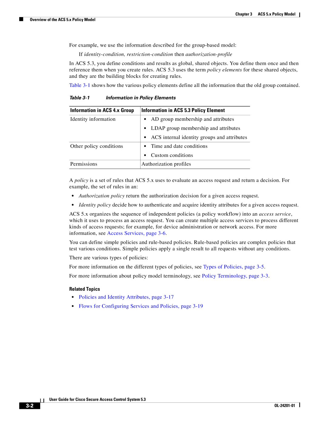 Cisco Systems OL-24201-01 manual Information in ACS 5.3 Policy Element, Related Topics 