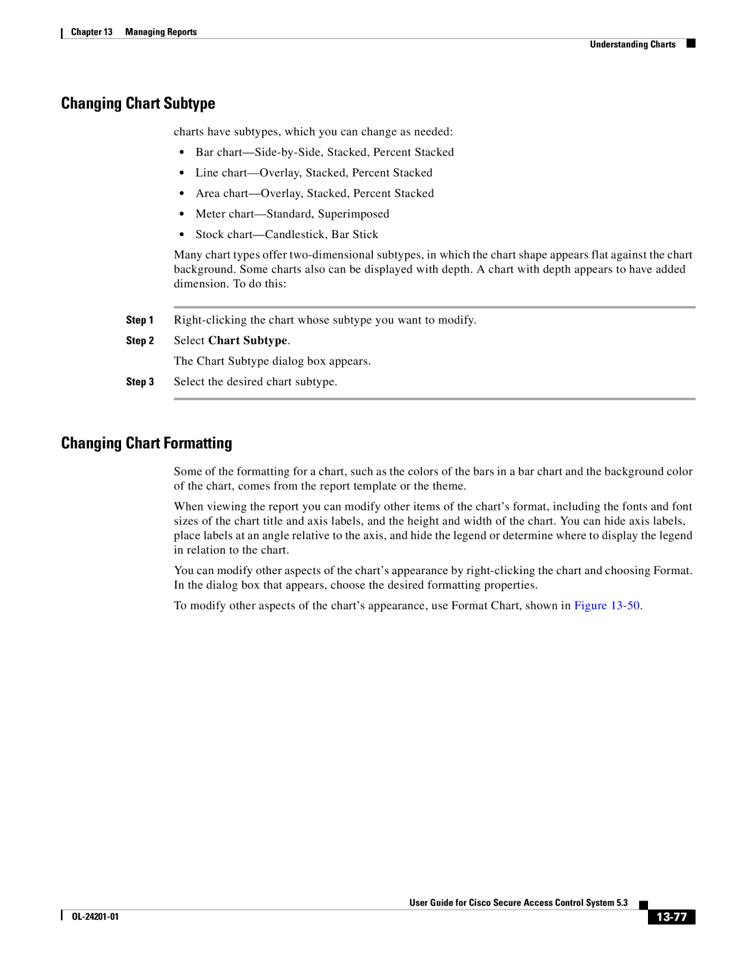 Cisco Systems OL-24201-01 manual Changing Chart Subtype, Changing Chart Formatting, Select Chart Subtype, 13-77 