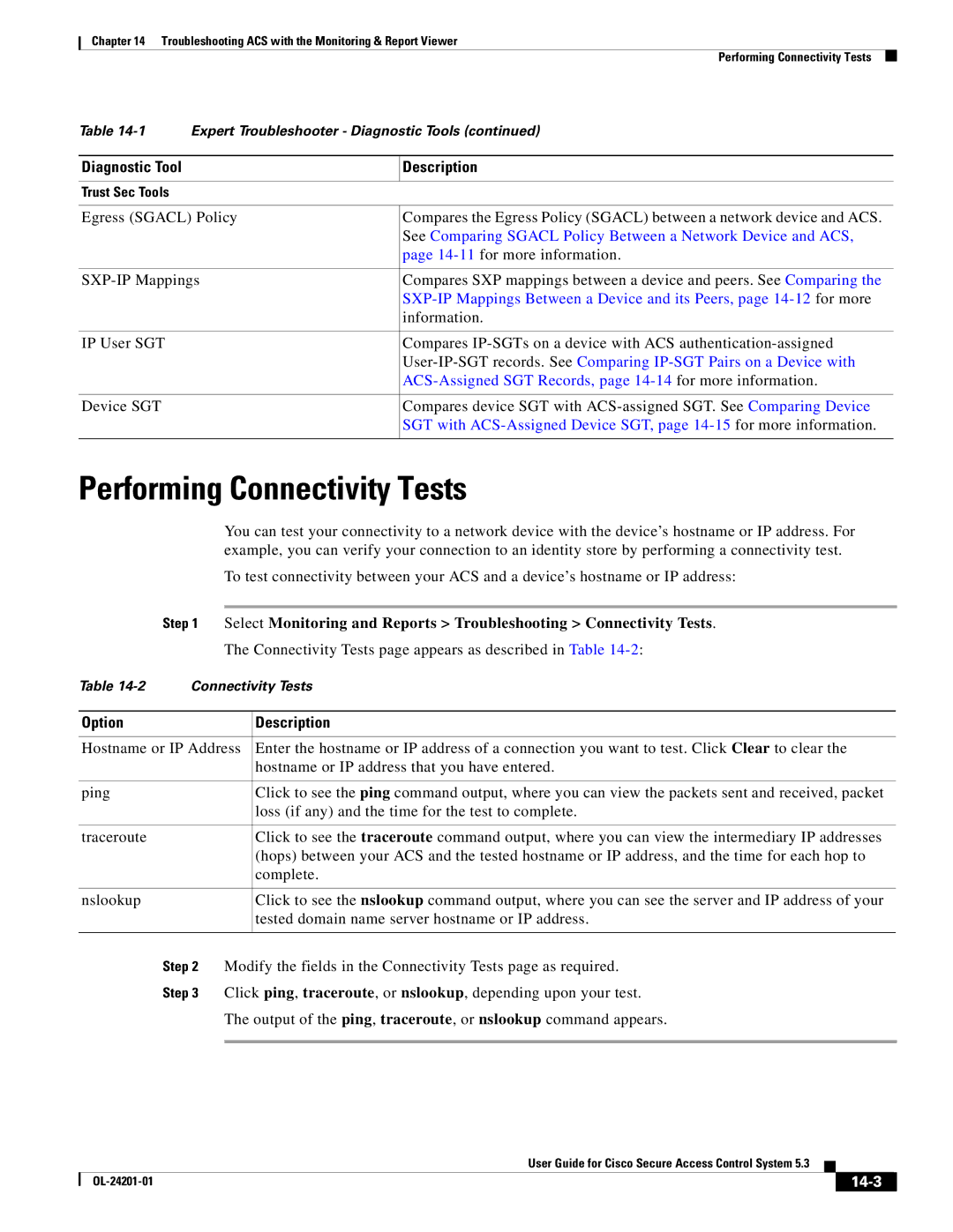 Cisco Systems OL-24201-01 manual Performing Connectivity Tests, Diagnostic Tool Description, 14-3 