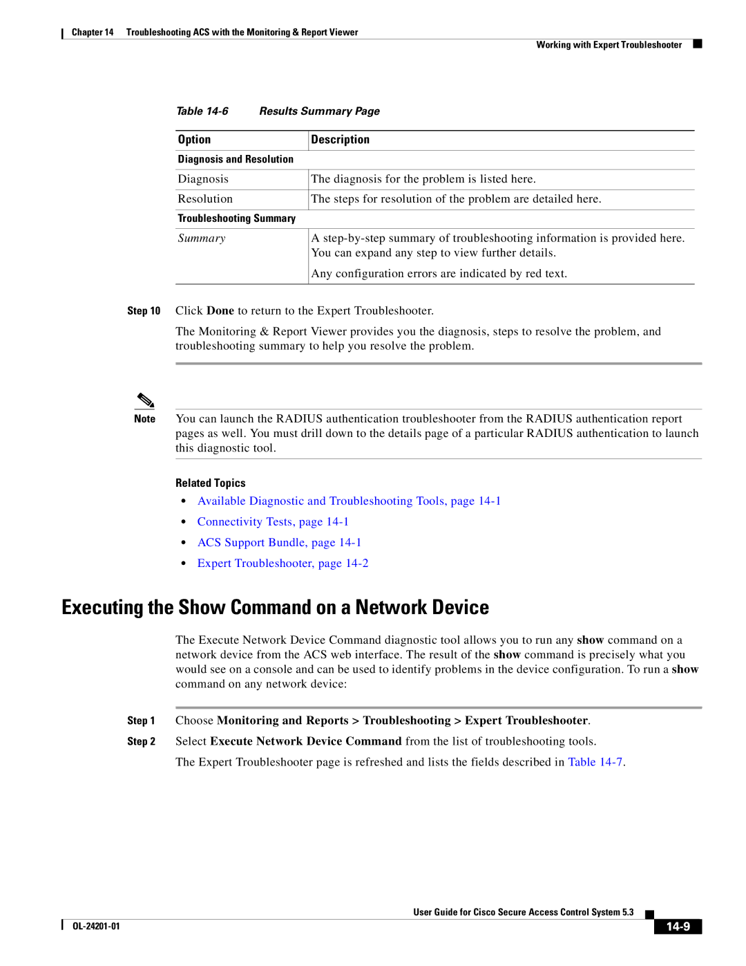 Cisco Systems OL-24201-01 manual Executing the Show Command on a Network Device, 14-9 