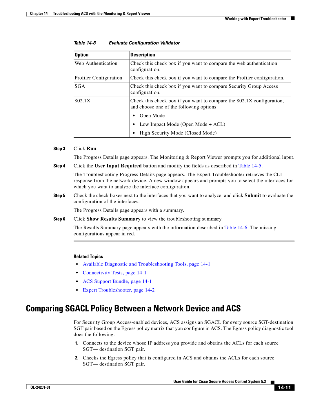 Cisco Systems OL-24201-01 manual Comparing Sgacl Policy Between a Network Device and ACS, 14-11 