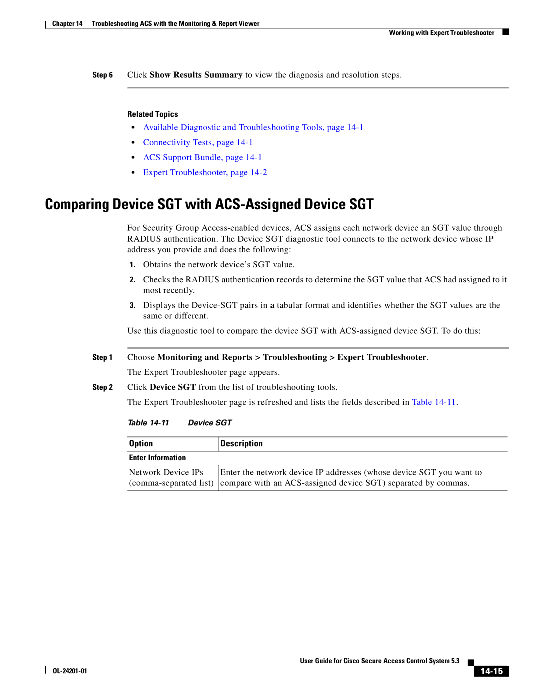 Cisco Systems OL-24201-01 manual Comparing Device SGT with ACS-Assigned Device SGT, 14-15 