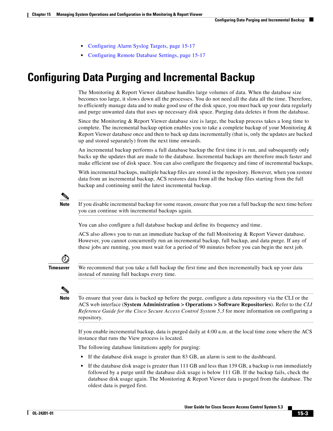 Cisco Systems OL-24201-01 manual Configuring Data Purging and Incremental Backup, 15-3 