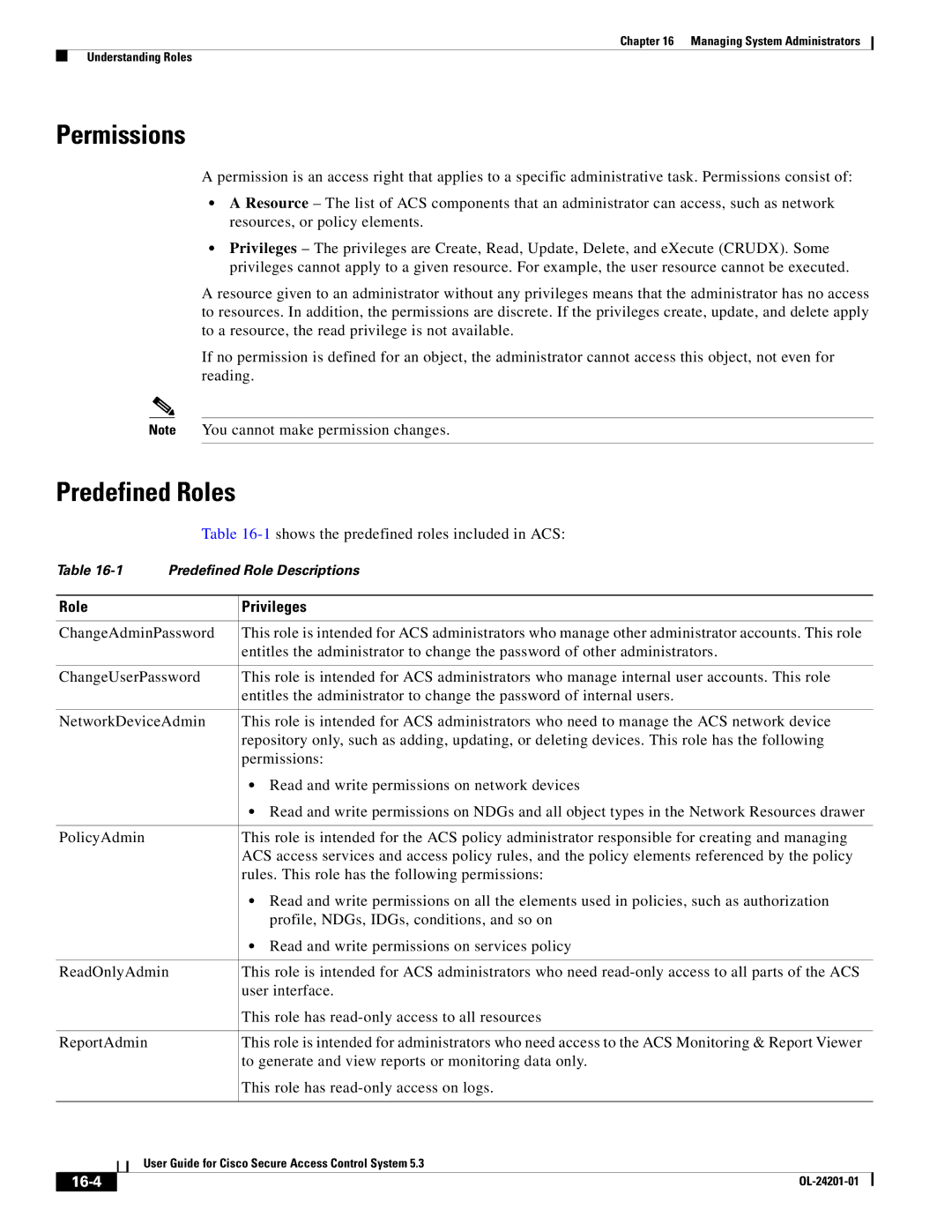 Cisco Systems OL-24201-01 manual Permissions, Predefined Roles, Role Privileges, 16-4 