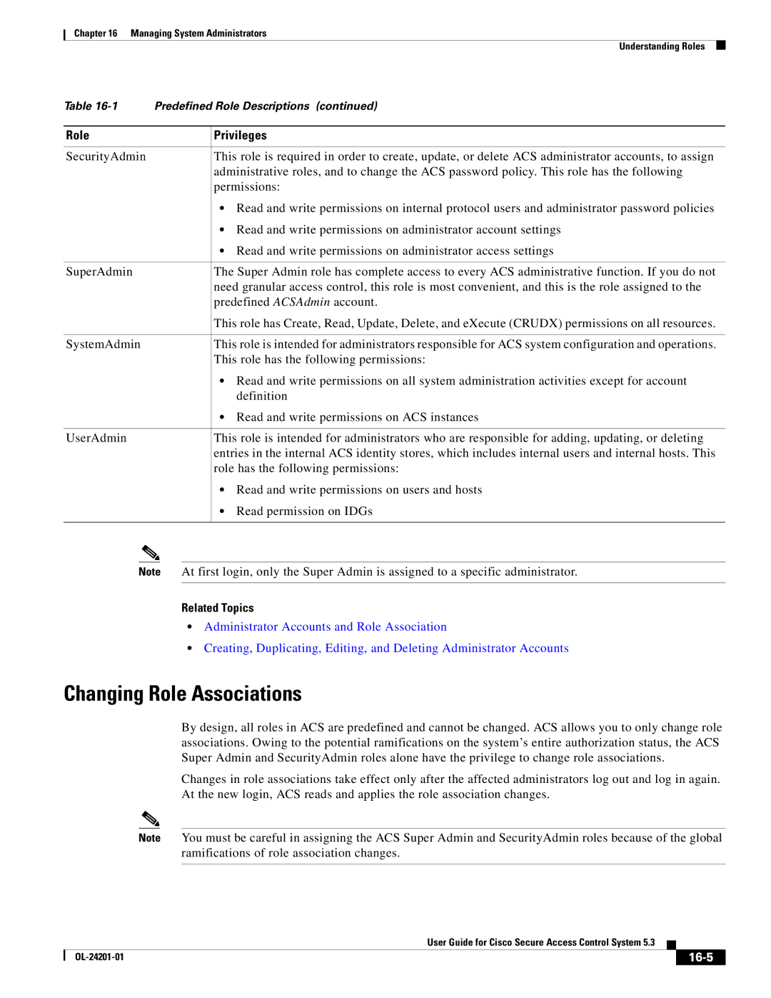 Cisco Systems OL-24201-01 manual Changing Role Associations, 16-5 