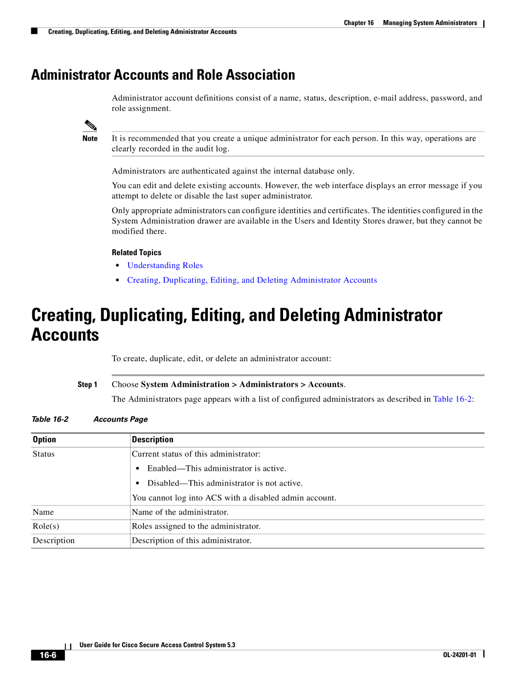 Cisco Systems OL-24201-01 manual Administrator Accounts and Role Association, 16-6 