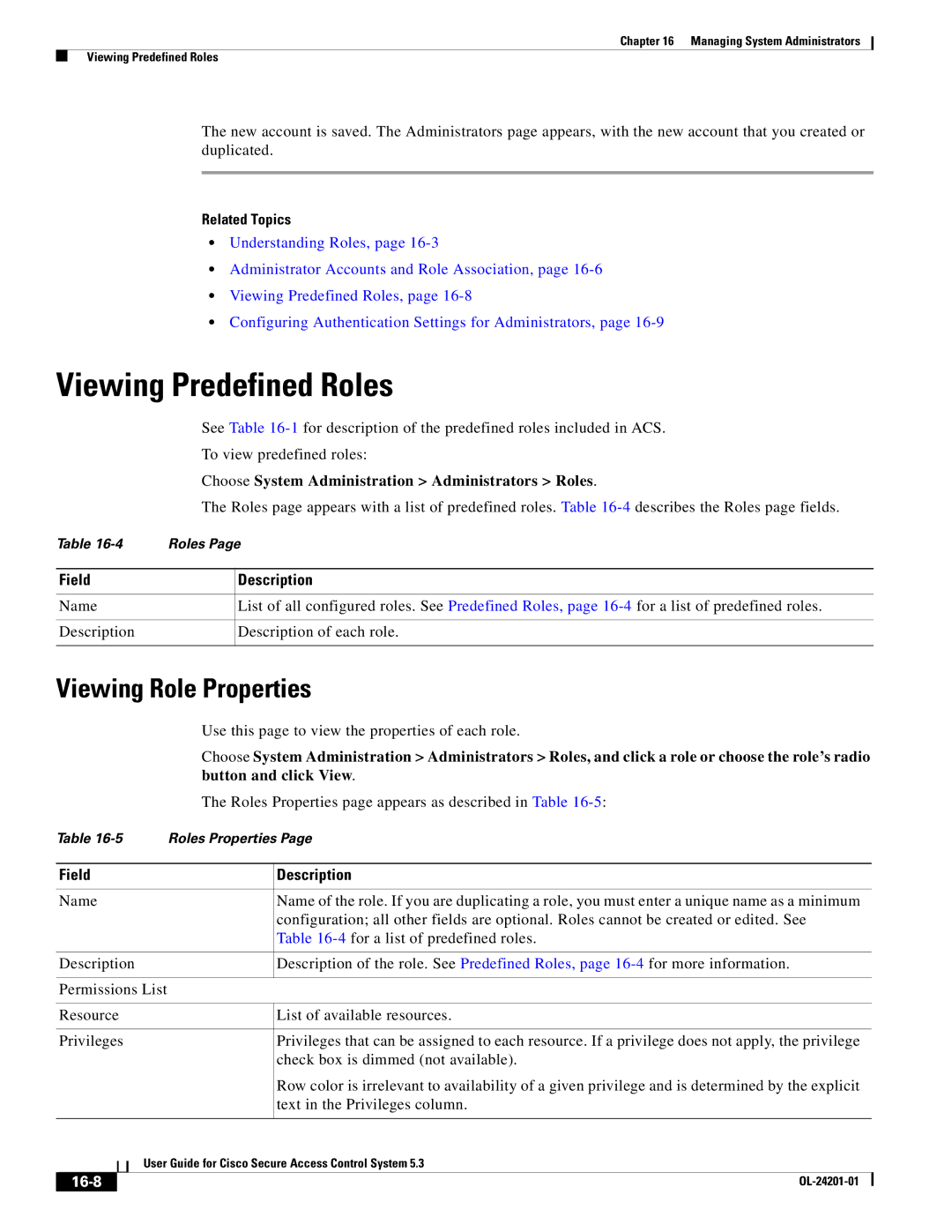 Cisco Systems OL-24201-01 manual Viewing Predefined Roles, Viewing Role Properties, Button and click View, 16-8 