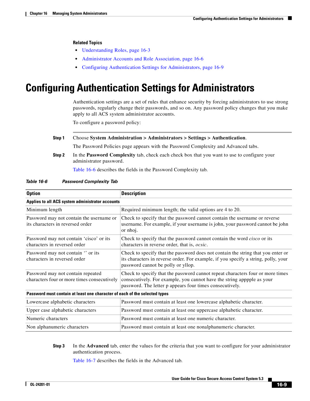 Cisco Systems OL-24201-01 manual Configuring Authentication Settings for Administrators, 16-9 