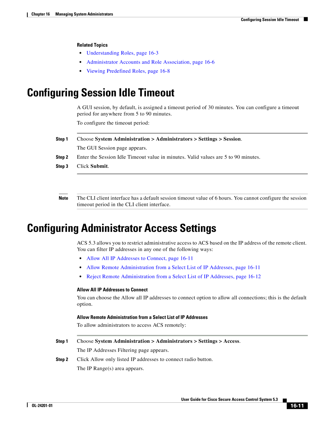 Cisco Systems OL-24201-01 manual Configuring Session Idle Timeout, Configuring Administrator Access Settings, 16-11 