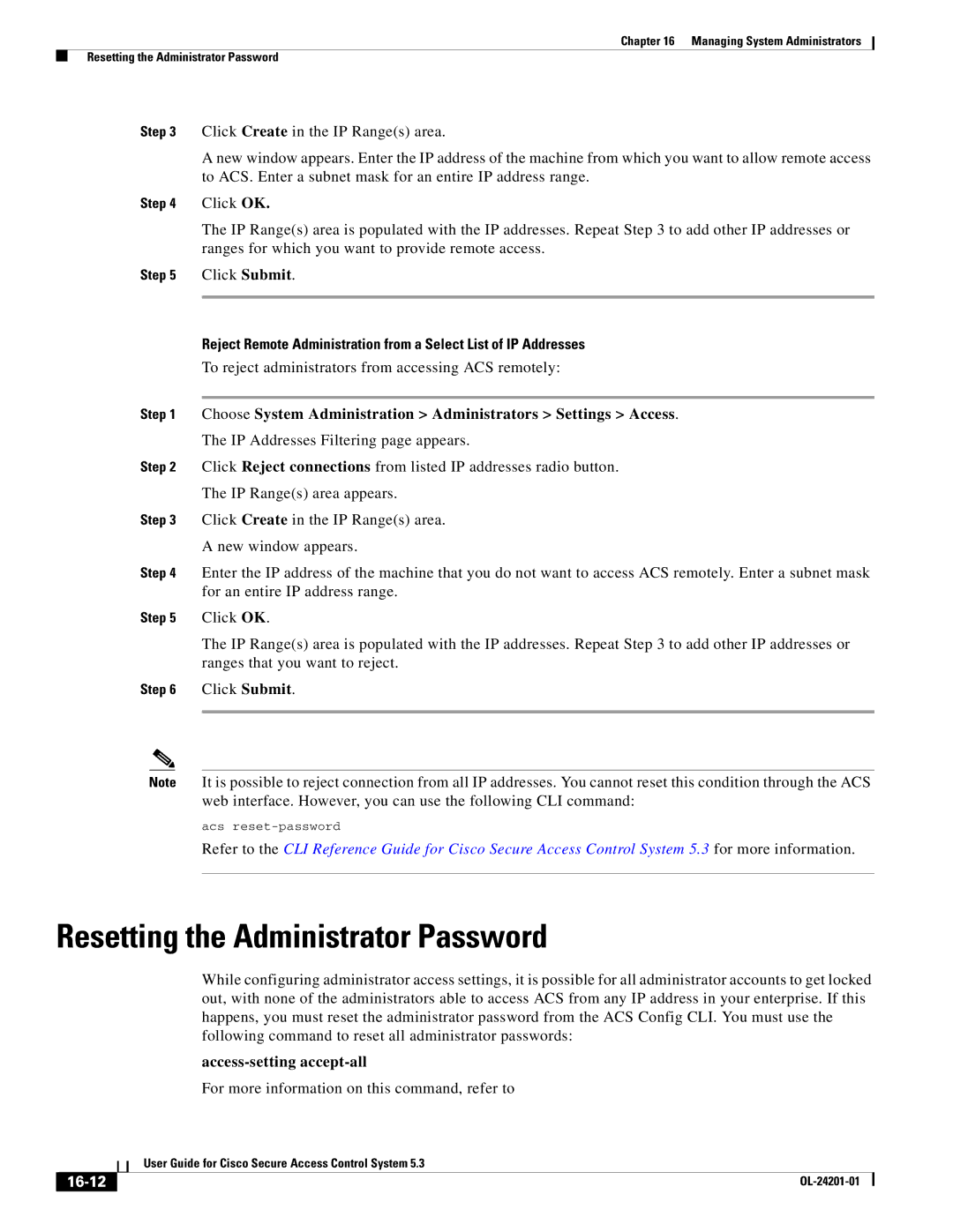 Cisco Systems OL-24201-01 manual Resetting the Administrator Password, Access-setting accept-all, 16-12 