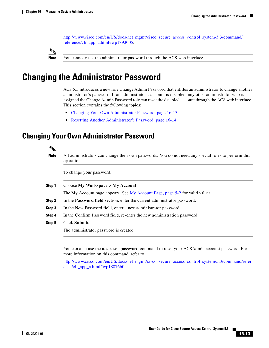 Cisco Systems OL-24201-01 manual Changing the Administrator Password, Changing Your Own Administrator Password, 16-13 