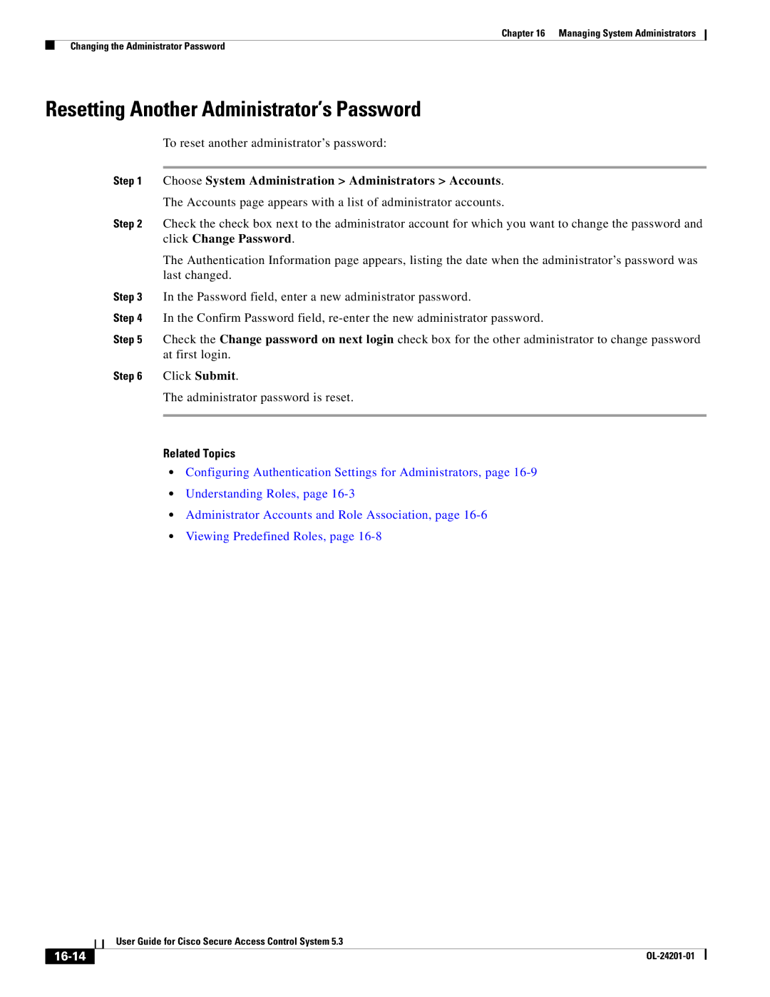 Cisco Systems OL-24201-01 manual Resetting Another Administrator’s Password, 16-14 