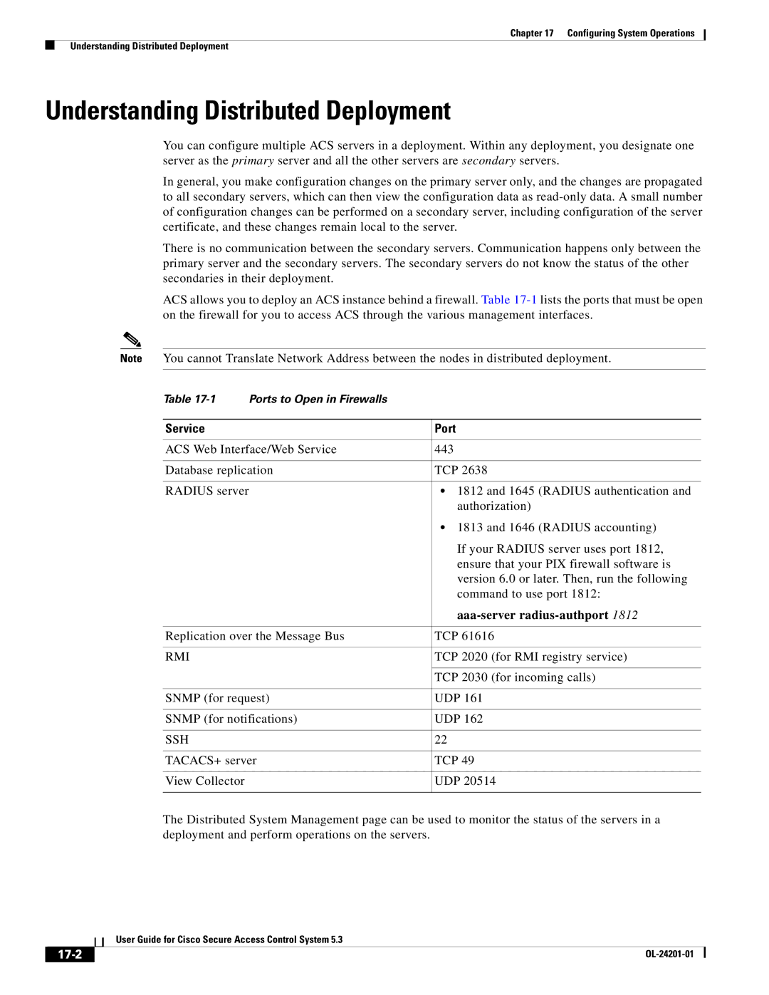 Cisco Systems OL-24201-01 manual Understanding Distributed Deployment, Service Port, Aaa-server radius-authport, 17-2 