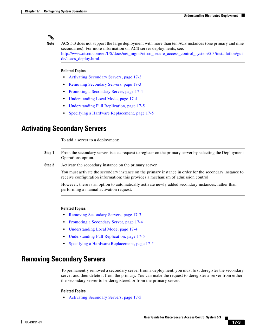 Cisco Systems OL-24201-01 manual Activating Secondary Servers, Removing Secondary Servers, 17-3 