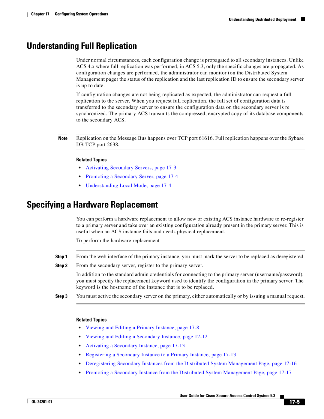 Cisco Systems OL-24201-01 manual Understanding Full Replication, Specifying a Hardware Replacement, 17-5 