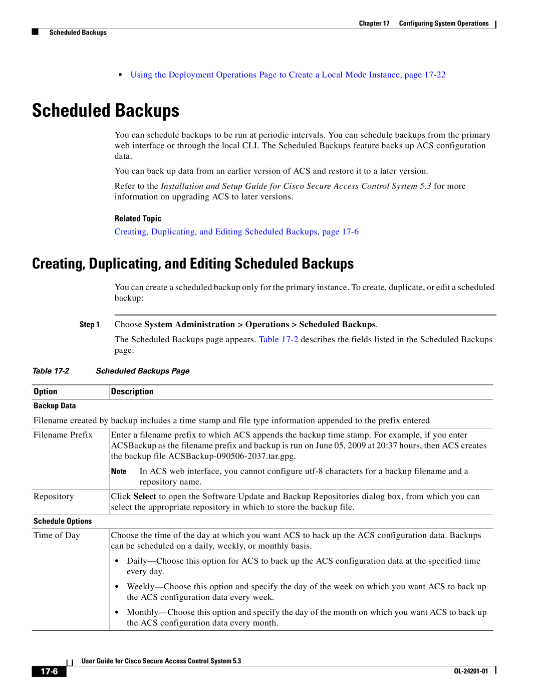 Cisco Systems OL-24201-01 manual Creating, Duplicating, and Editing Scheduled Backups, 17-6 