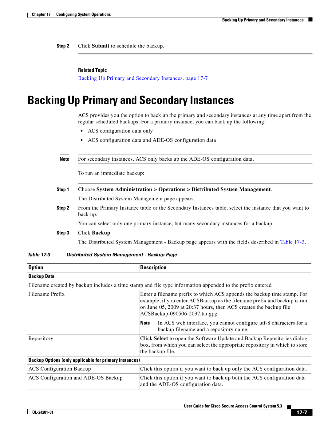 Cisco Systems OL-24201-01 manual Backing Up Primary and Secondary Instances, 17-7 