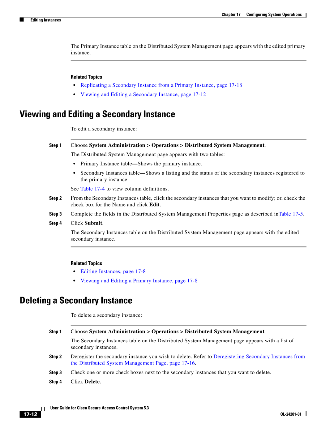 Cisco Systems OL-24201-01 manual Viewing and Editing a Secondary Instance, Deleting a Secondary Instance, 17-12 