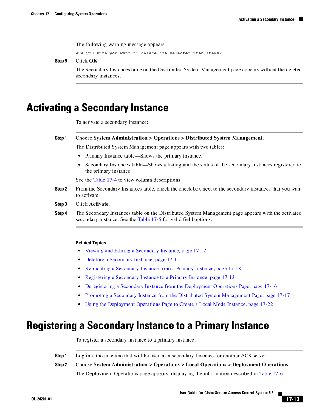 Cisco Systems OL-24201-01 Activating a Secondary Instance, Registering a Secondary Instance to a Primary Instance, 17-13 