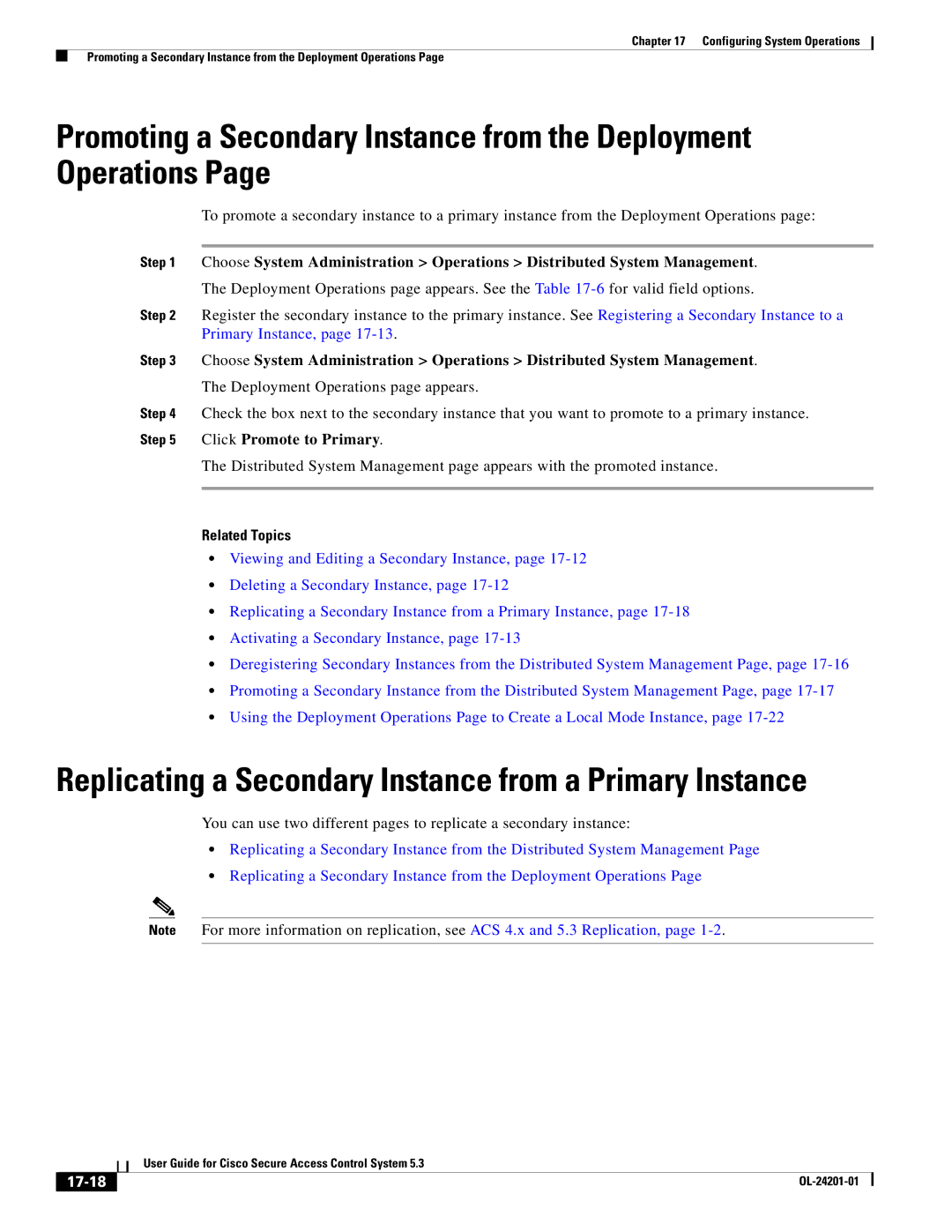 Cisco Systems OL-24201-01 manual Replicating a Secondary Instance from a Primary Instance, 17-18 