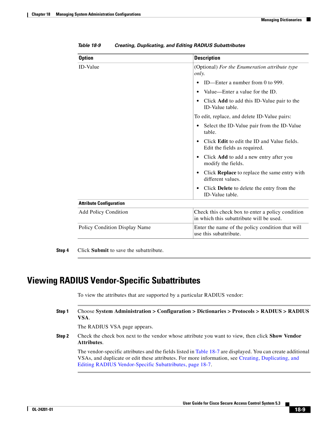 Cisco Systems OL-24201-01 manual Viewing Radius Vendor-Specific Subattributes, 18-9 